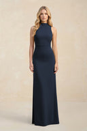 High Neck Sheath Chiffon Bridesmaid Dress With Slit in Dark Navy - KissProm Bridesmaid Dresses