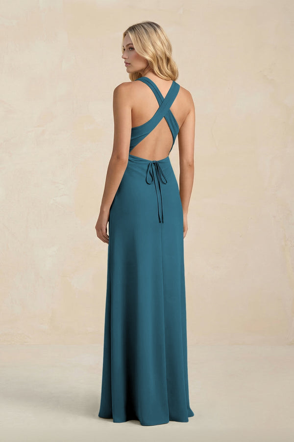 High Neck Sheath Chiffon Bridesmaid Dress With Slit in Dark Teal - KissProm Bridesmaid Dresses