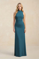 High Neck Sheath Chiffon Bridesmaid Dress With Slit in Dark Teal - KissProm Bridesmaid Dresses