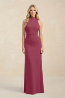High Neck Sheath Chiffon Bridesmaid Dress With Slit in Desert Rose - KissProm Bridesmaid Dresses