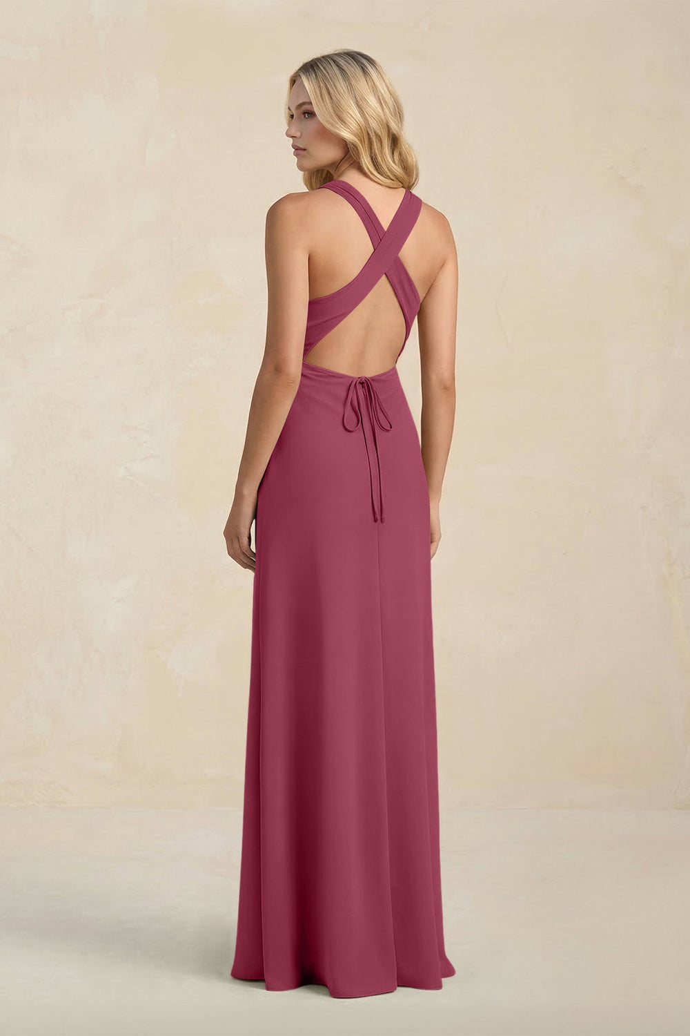 High Neck Sheath Chiffon Bridesmaid Dress With Slit in Desert Rose - KissProm Bridesmaid Dresses
