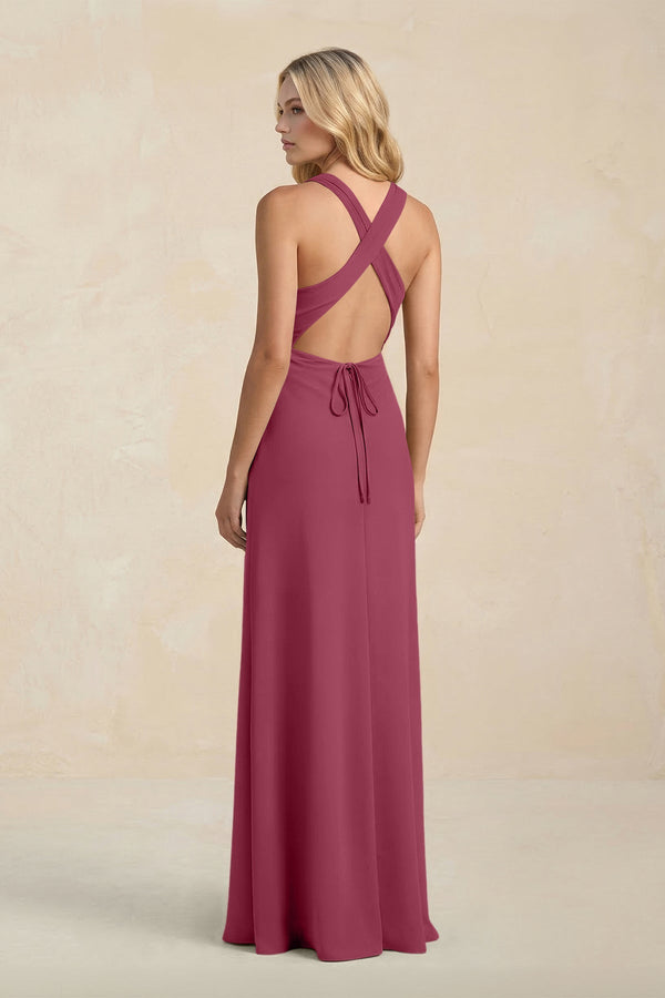 High Neck Sheath Chiffon Bridesmaid Dress With Slit in Desert Rose - KissProm Bridesmaid Dresses