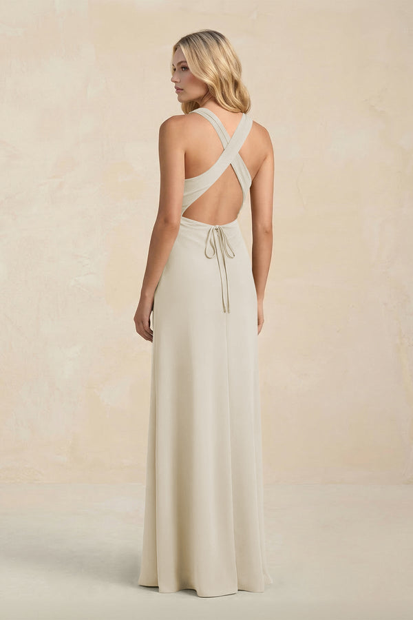 High Neck Sheath Chiffon Bridesmaid Dress With Slit in Dove Gray - KissProm Bridesmaid Dresses