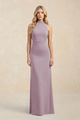 High Neck Sheath Chiffon Bridesmaid Dress With Slit in Dusk - KissProm Bridesmaid Dresses
