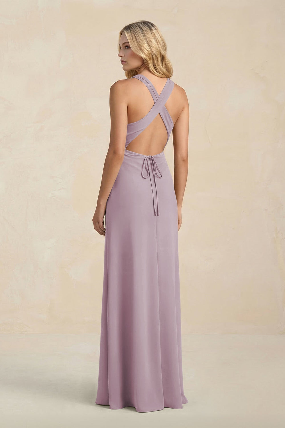 High Neck Sheath Chiffon Bridesmaid Dress With Slit in Dusk - KissProm Bridesmaid Dresses