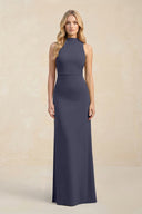 High Neck Sheath Chiffon Bridesmaid Dress With Slit in Dusk Blue - KissProm Bridesmaid Dresses