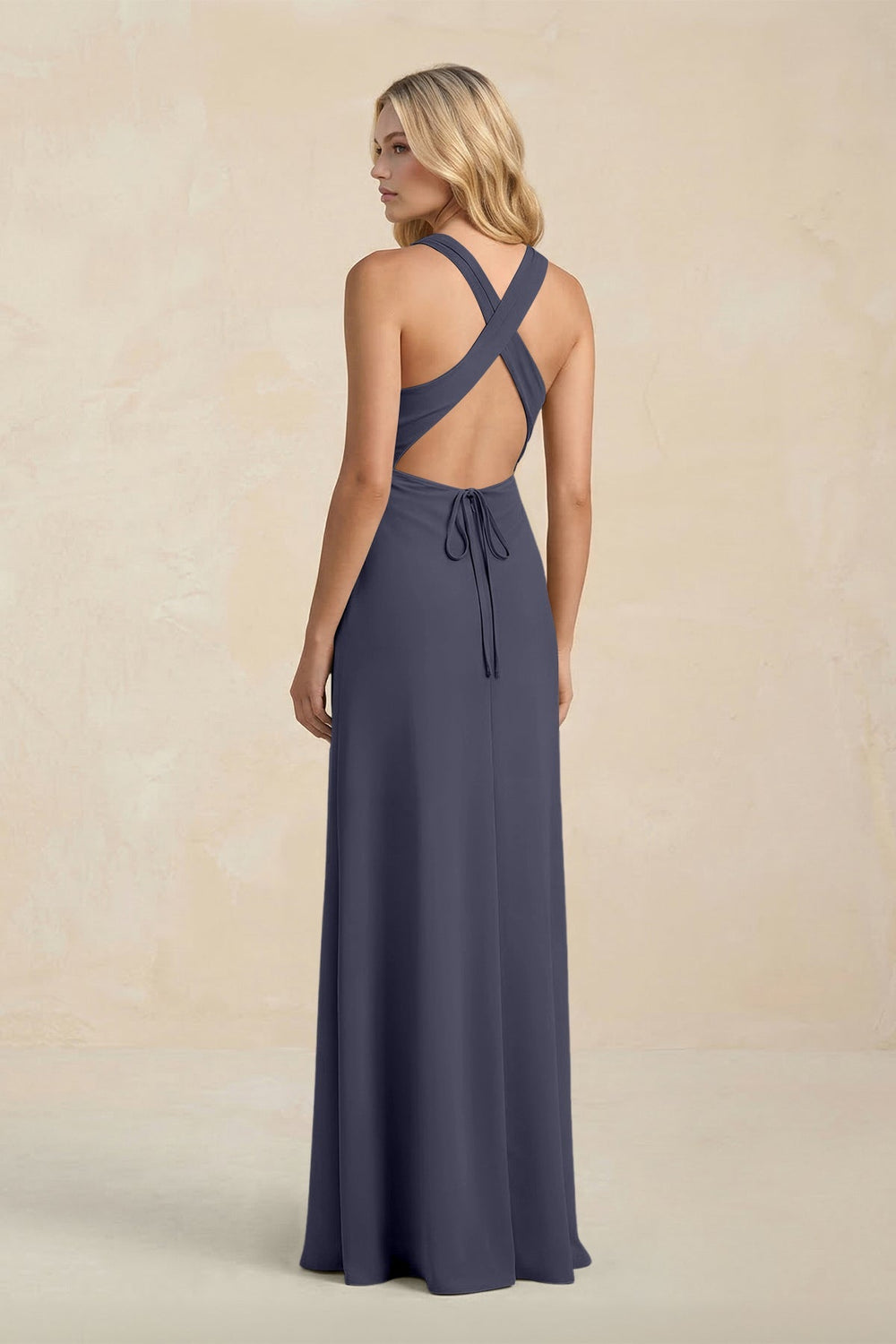 High Neck Sheath Chiffon Bridesmaid Dress With Slit in Dusk Blue - KissProm Bridesmaid Dresses