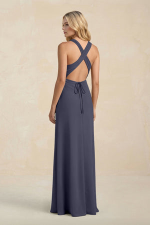 High Neck Sheath Chiffon Bridesmaid Dress With Slit in Dusk Blue - KissProm Bridesmaid Dresses