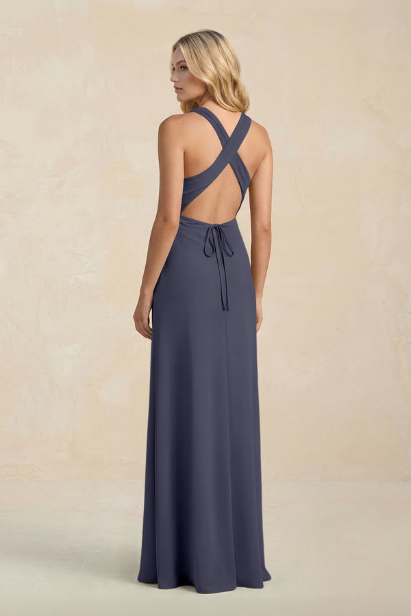 High Neck Sheath Chiffon Bridesmaid Dress With Slit in Dusk Blue - KissProm Bridesmaid Dresses