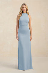 High Neck Sheath Chiffon Bridesmaid Dress With Slit in Dusty Blue - KissProm Bridesmaid Dresses