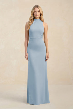 High Neck Sheath Chiffon Bridesmaid Dress With Slit in Dusty Blue - KissProm Bridesmaid Dresses