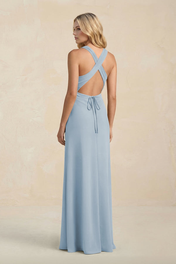High Neck Sheath Chiffon Bridesmaid Dress With Slit in Dusty Blue - KissProm Bridesmaid Dresses