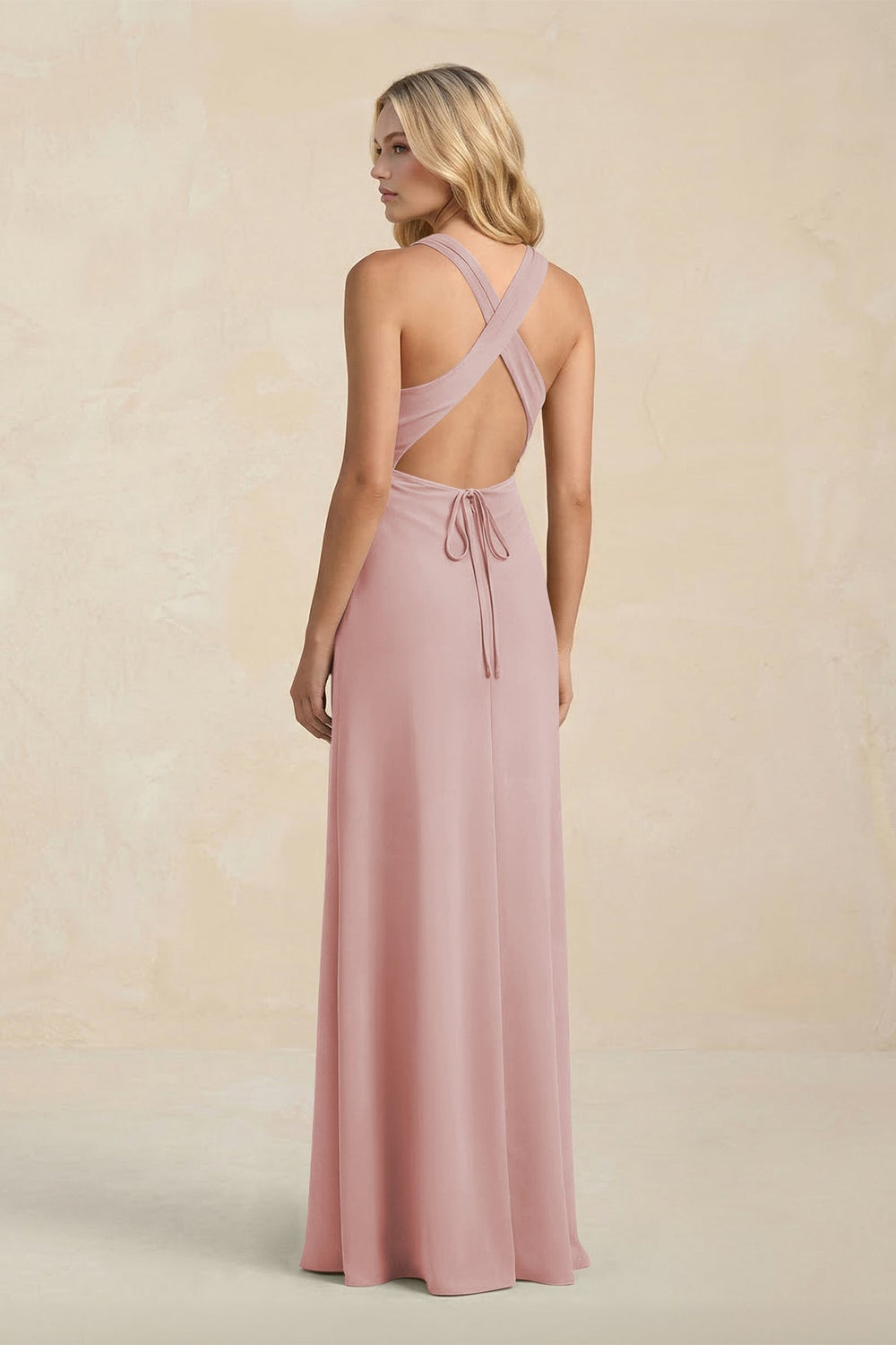 High Neck Sheath Chiffon Bridesmaid Dress With Slit in Dusty Rose - KissProm Bridesmaid Dresses
