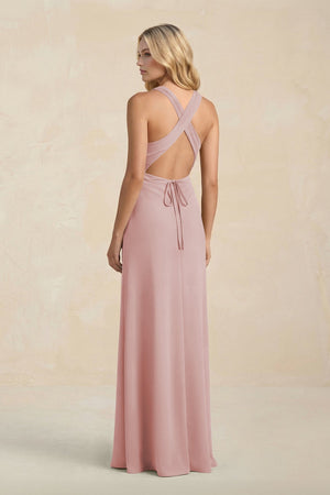 High Neck Sheath Chiffon Bridesmaid Dress With Slit in Dusty Rose - KissProm Bridesmaid Dresses