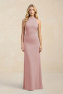 High Neck Sheath Chiffon Bridesmaid Dress With Slit in Dusty Rose - KissProm Bridesmaid Dresses