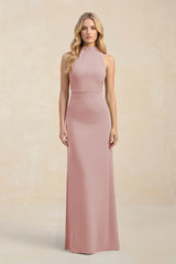 High Neck Sheath Chiffon Bridesmaid Dress With Slit in Dusty Rose - KissProm Bridesmaid Dresses