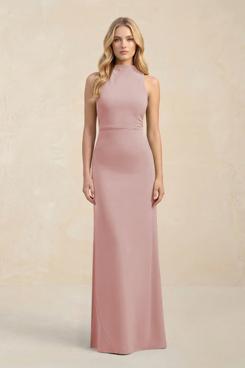 High Neck Sheath Chiffon Bridesmaid Dress With Slit in Dusty Rose - KissProm Bridesmaid Dresses