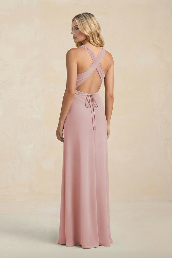 High Neck Sheath Chiffon Bridesmaid Dress With Slit in Dusty Rose - KissProm Bridesmaid Dresses