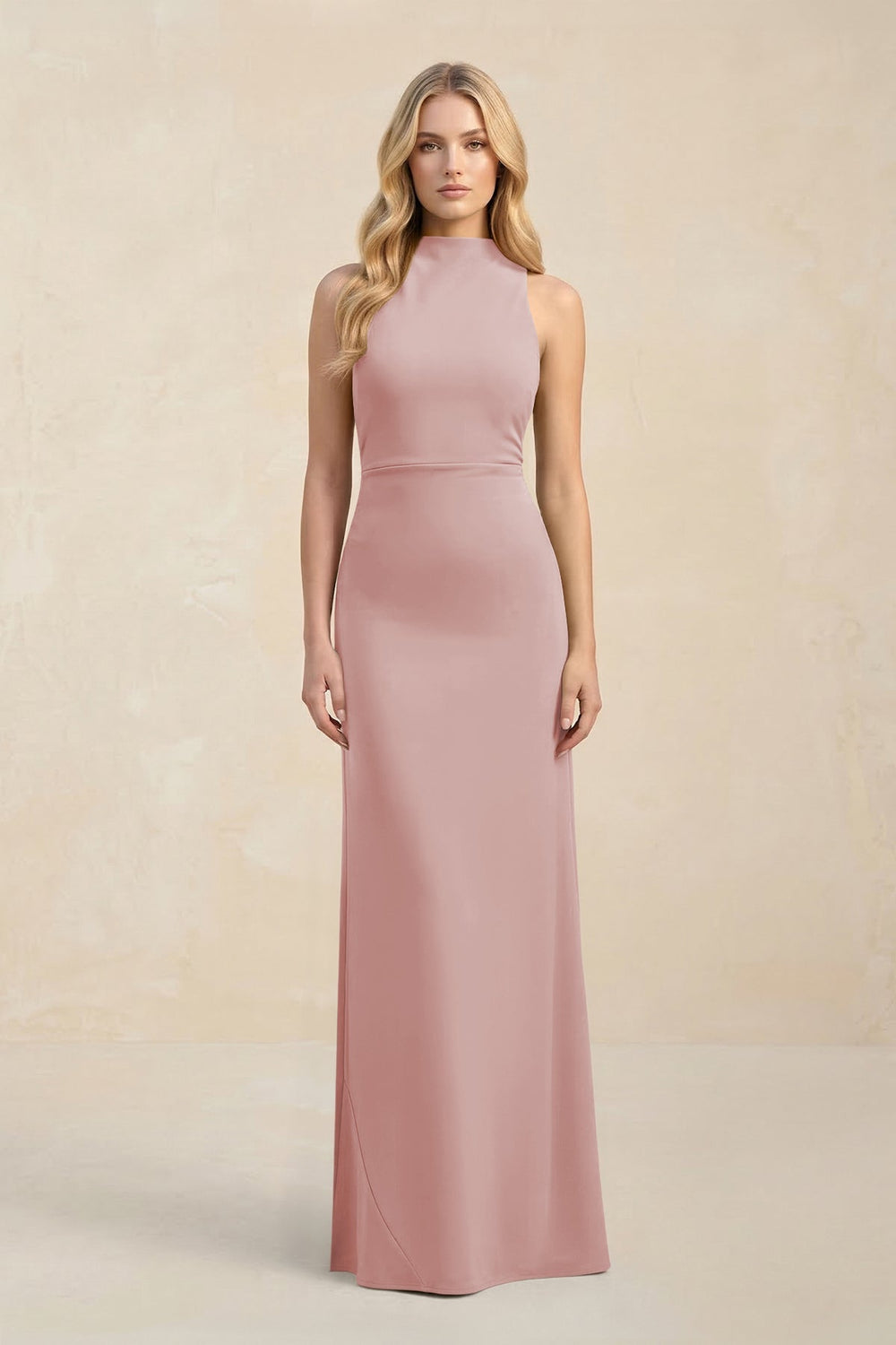 High Neck Sheath Chiffon Bridesmaid Dress With Slit in Dusty Rose - KissProm Bridesmaid Dresses