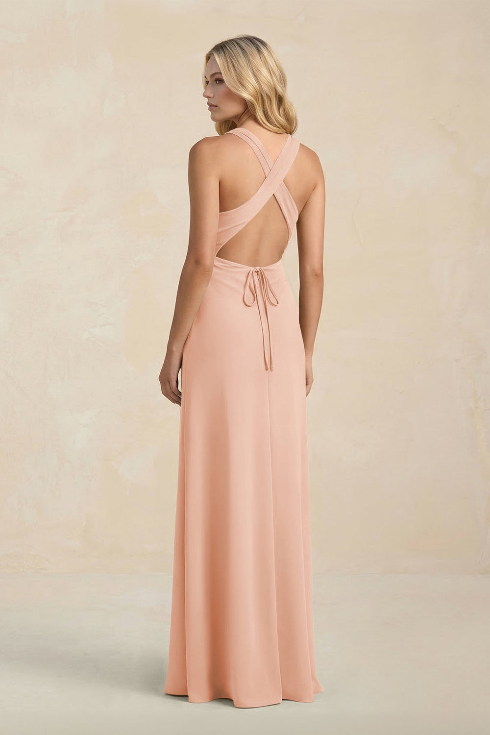 High Neck Sheath Chiffon Bridesmaid Dress With Slit in English Rose - KissProm Bridesmaid Dresses