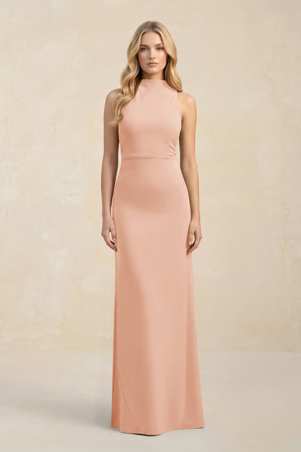 High Neck Sheath Chiffon Bridesmaid Dress With Slit in English Rose - KissProm Bridesmaid Dresses