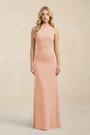 High Neck Sheath Chiffon Bridesmaid Dress With Slit in English Rose - KissProm Bridesmaid Dresses