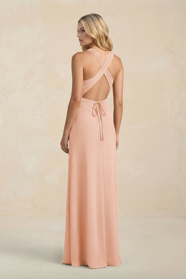 High Neck Sheath Chiffon Bridesmaid Dress With Slit in English Rose - KissProm Bridesmaid Dresses