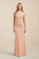 High Neck Sheath Chiffon Bridesmaid Dress With Slit in English Rose - KissProm Bridesmaid Dresses