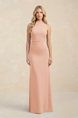 High Neck Sheath Chiffon Bridesmaid Dress With Slit in English Rose - KissProm Bridesmaid Dresses