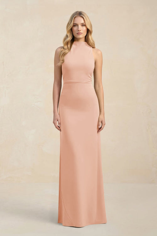 High Neck Sheath Chiffon Bridesmaid Dress With Slit in English Rose - KissProm Bridesmaid Dresses