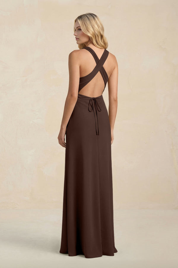 High Neck Sheath Chiffon Bridesmaid Dress With Slit in Espresso - KissProm Bridesmaid Dresses