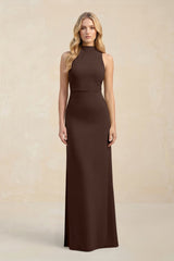 High Neck Sheath Chiffon Bridesmaid Dress With Slit in Espresso - KissProm Bridesmaid Dresses