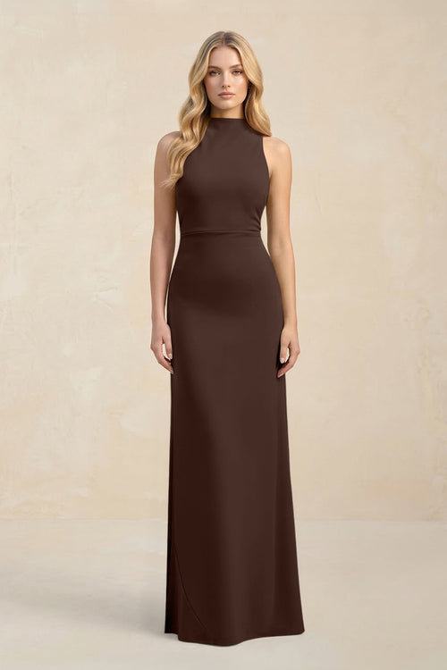 High Neck Sheath Chiffon Bridesmaid Dress With Slit in Espresso - KissProm Bridesmaid Dresses