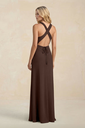 High Neck Sheath Chiffon Bridesmaid Dress With Slit in Espresso - KissProm Bridesmaid Dresses