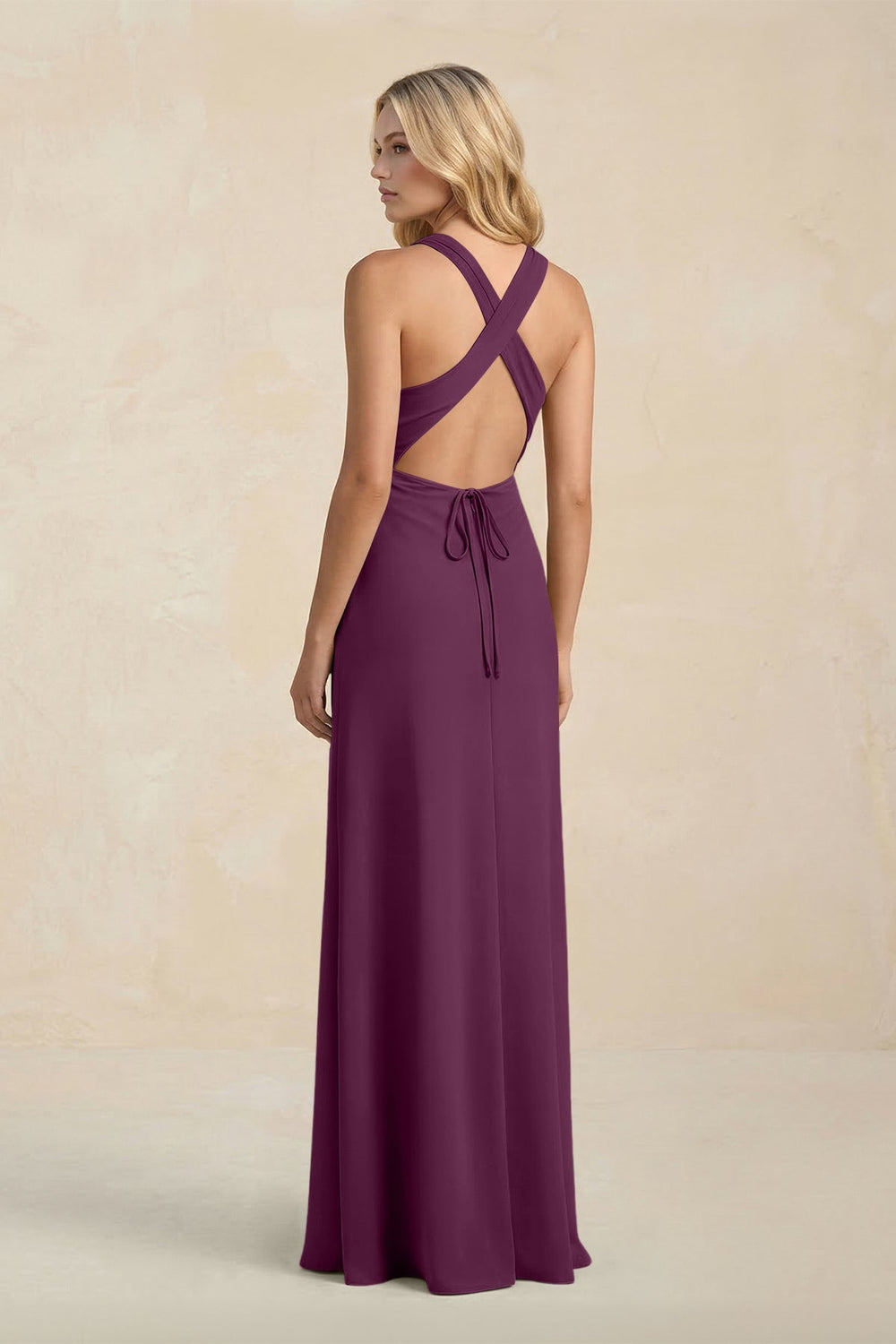 High Neck Sheath Chiffon Bridesmaid Dress With Slit in Fig - KissProm Bridesmaid Dresses