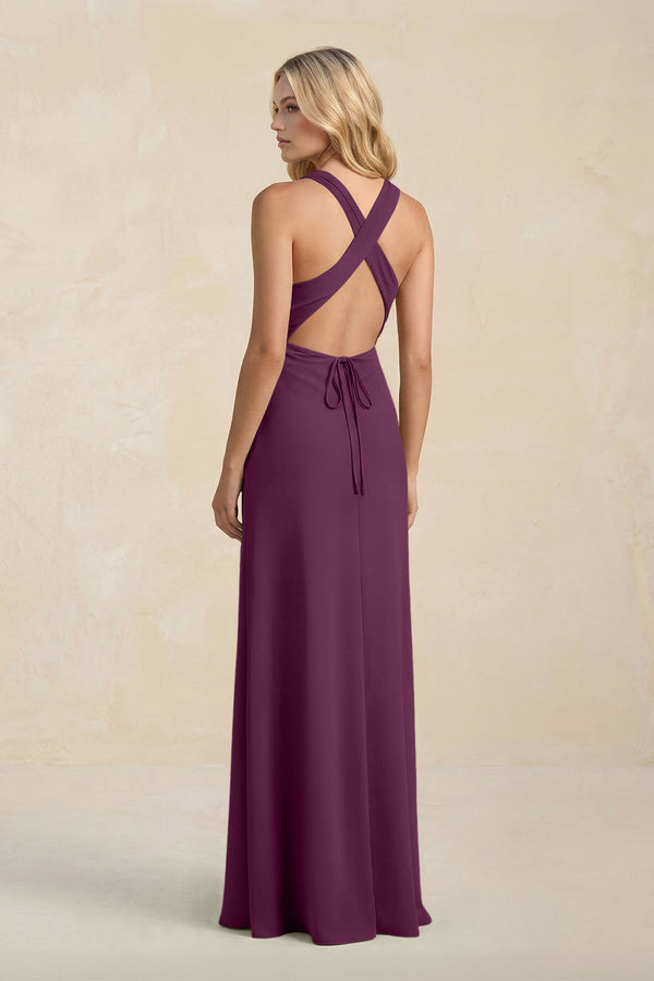 High Neck Sheath Chiffon Bridesmaid Dress With Slit in Fig - KissProm Bridesmaid Dresses