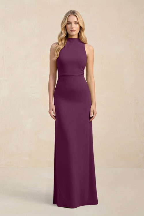 High Neck Sheath Chiffon Bridesmaid Dress With Slit in Fig - KissProm Bridesmaid Dresses