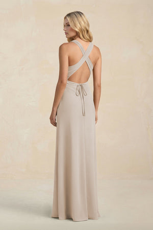 High Neck Sheath Chiffon Bridesmaid Dress With Slit in Frost - KissProm Bridesmaid Dresses