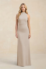 High Neck Sheath Chiffon Bridesmaid Dress With Slit in Frost - KissProm Bridesmaid Dresses