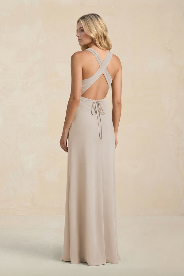 High Neck Sheath Chiffon Bridesmaid Dress With Slit in Frost - KissProm Bridesmaid Dresses