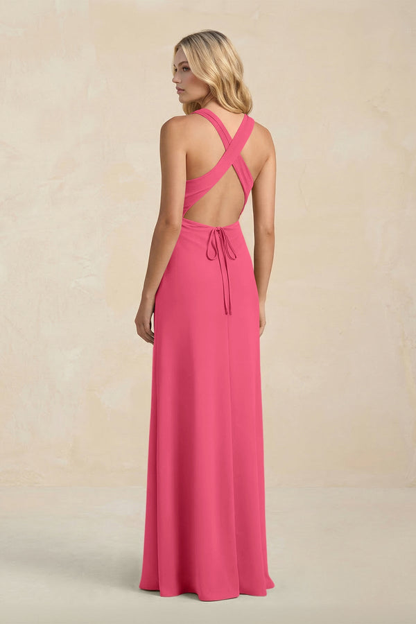 High Neck Sheath Chiffon Bridesmaid Dress With Slit in Fuchsia - KissProm Bridesmaid Dresses