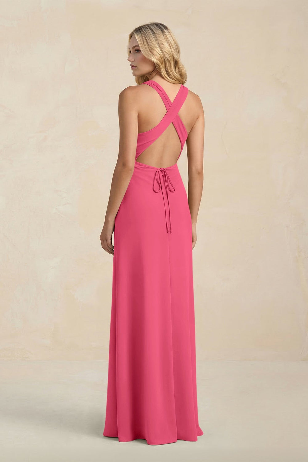 High Neck Sheath Chiffon Bridesmaid Dress With Slit in Fuchsia - KissProm Bridesmaid Dresses