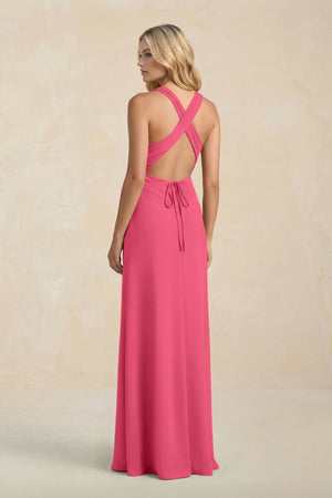 High Neck Sheath Chiffon Bridesmaid Dress With Slit in Fuchsia - KissProm Bridesmaid Dresses