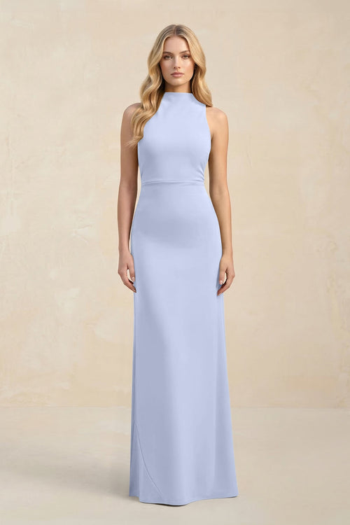 High Neck Sheath Chiffon Bridesmaid Dress With Slit in Ice - KissProm Bridesmaid Dresses