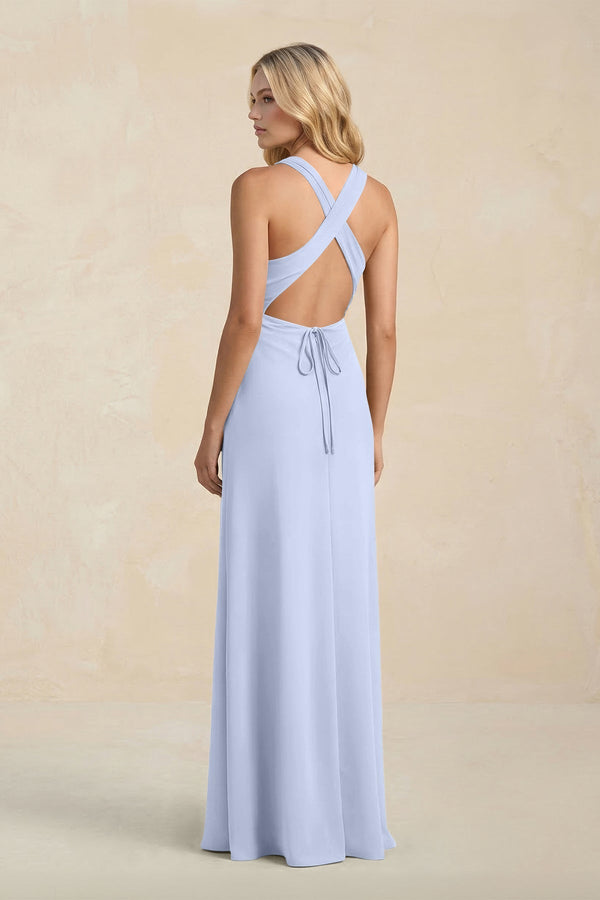 High Neck Sheath Chiffon Bridesmaid Dress With Slit in Ice - KissProm Bridesmaid Dresses