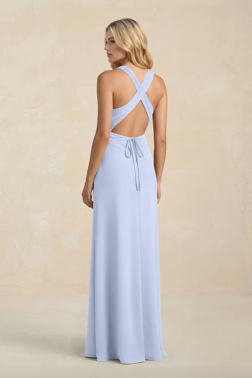 High Neck Sheath Chiffon Bridesmaid Dress With Slit in Ice - KissProm Bridesmaid Dresses