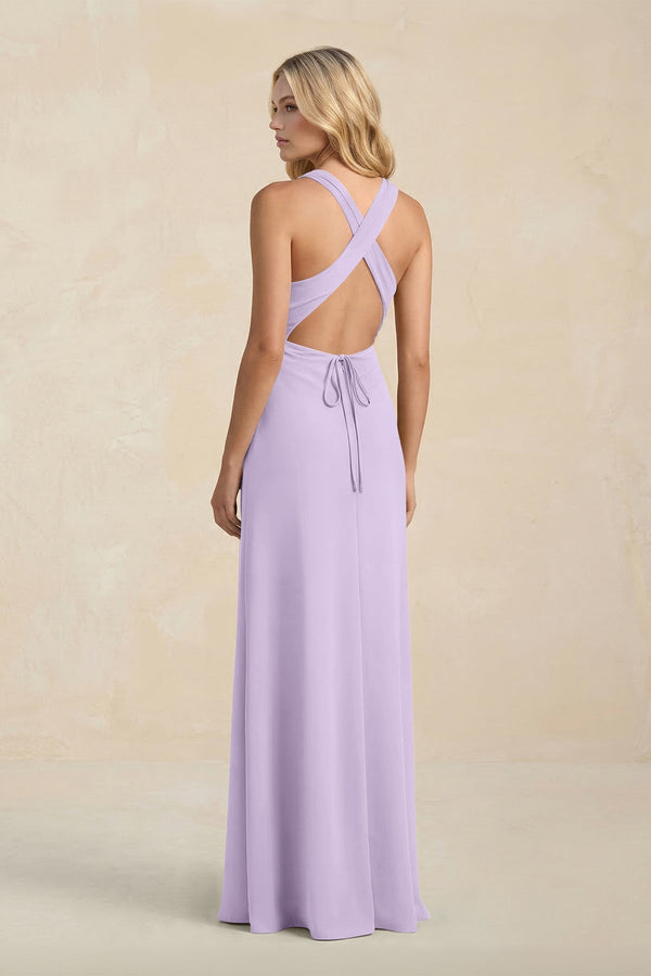 High Neck Sheath Chiffon Bridesmaid Dress With Slit in Lavender - KissProm Bridesmaid Dresses