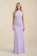 High Neck Sheath Chiffon Bridesmaid Dress With Slit in Lavender - KissProm Bridesmaid Dresses