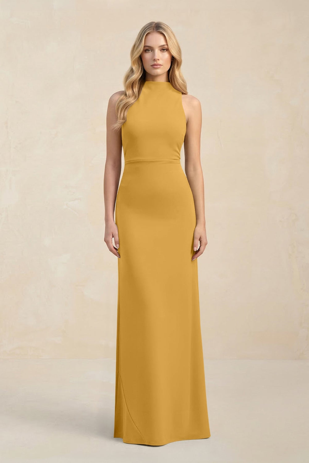 High Neck Sheath Chiffon Bridesmaid Dress With Slit in Marigold - KissProm Bridesmaid Dresses