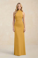 High Neck Sheath Chiffon Bridesmaid Dress With Slit in Marigold - KissProm Bridesmaid Dresses